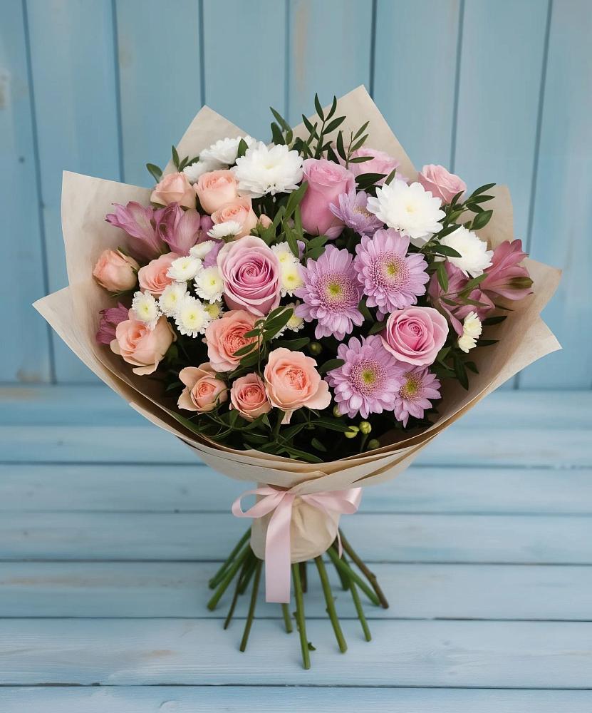 Букет цветов из: Хризантемы, Розы и Альстромерии в Демино