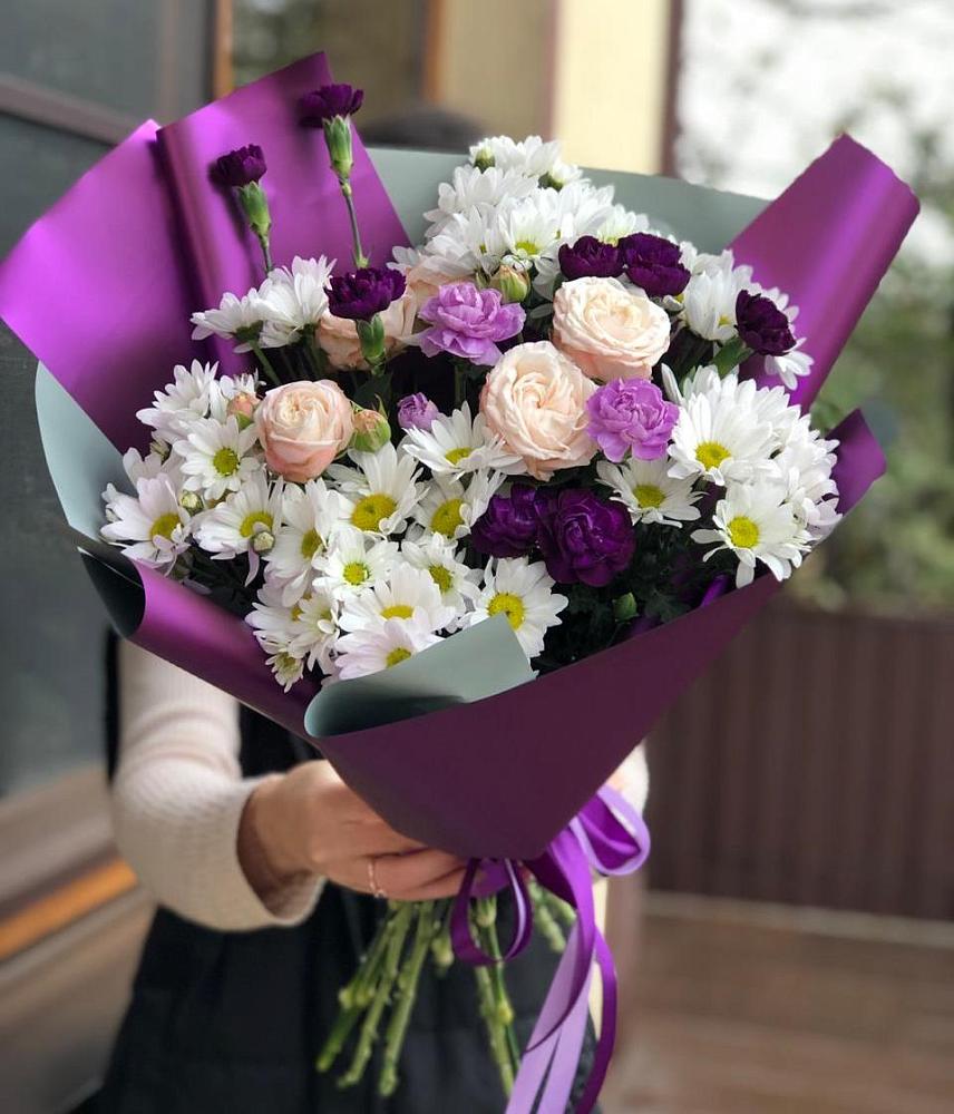 Букет цветов из: Хризантемы, Гвоздики и Розы в Демино