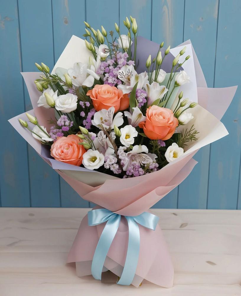 Букет цветов из: Лизиантусы, Розы, Альстромерии и Гипсофила в Демино