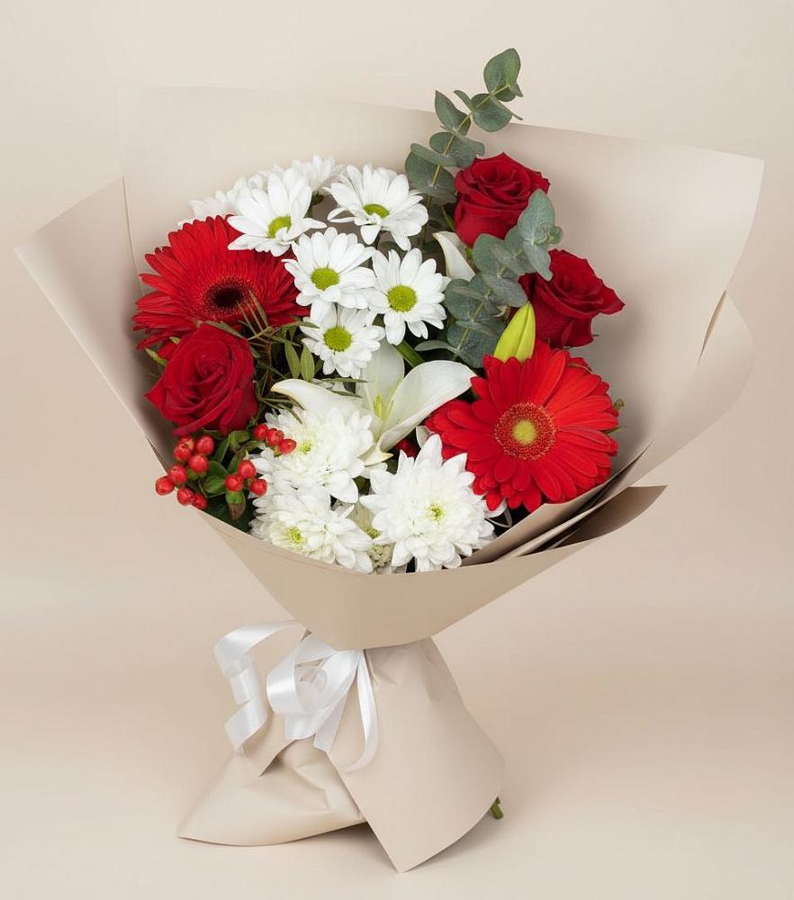 Букет цветов из: Розы, Хризантемы, Герберы и Лилии в Демино