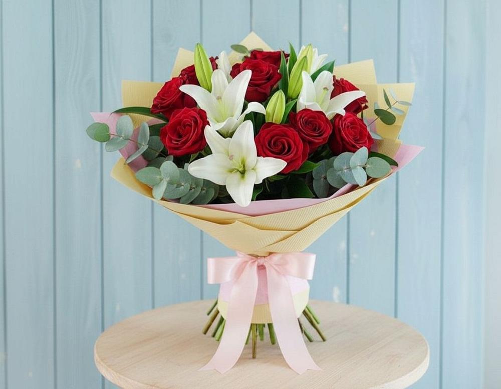 Букет цветов из: Лилии и Розы в Демино