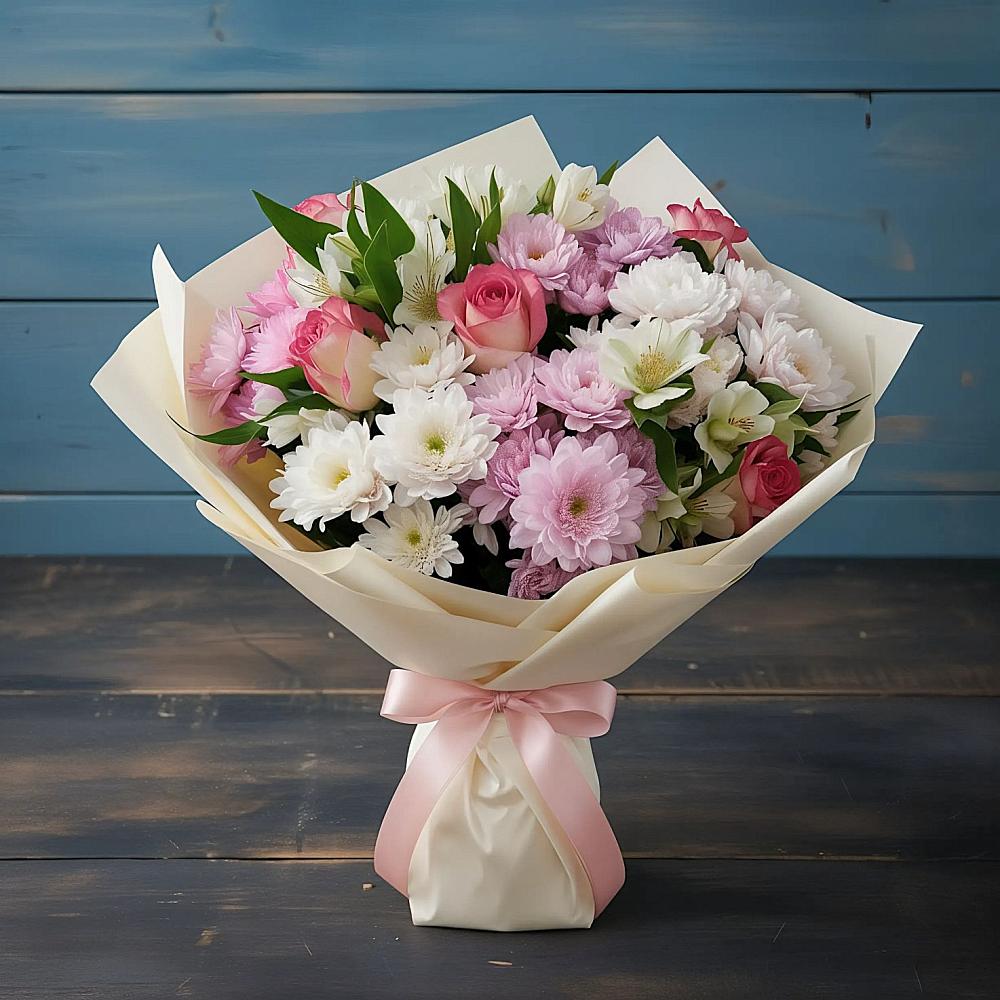 Букет цветов из: Хризантемы, Альстромерии и Розы в Демино